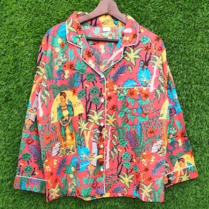 Frida Kahlo-mönstrat rött pyjamasset i bomull: Handgjort loungekläder, present till henne