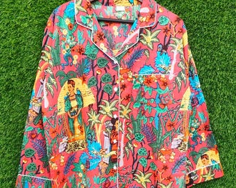 Frida Kahlo Cotton Red Pajama Set: Handmade Lounge Wear Women gift for her