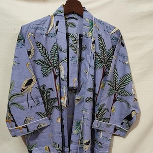 Cotton Kimono Robe Dressing Gown, Bird Print Bridesmaid Robe, Summer Nightwear, One Size