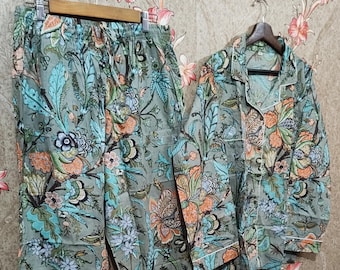 Cotton Pajamas, Indian Pj Set Block Print Pajamas, Spring Style, Bridal Shower Pajamas Set, Bridesmaid Gift Ladies Night Suit Gift For Women