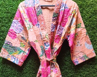 Flower Print Kantha Robe Kimono, Women's Cotton Boho Kimono, Floral Handmade Indian Dressing Gown, Kantha Cover Up