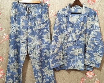 Indian Cotton Pajama Set, Handmade Women Night Dress, Gray Color Floral Printed Cotton Night Suit, Pajama And Shirt With Bag Set