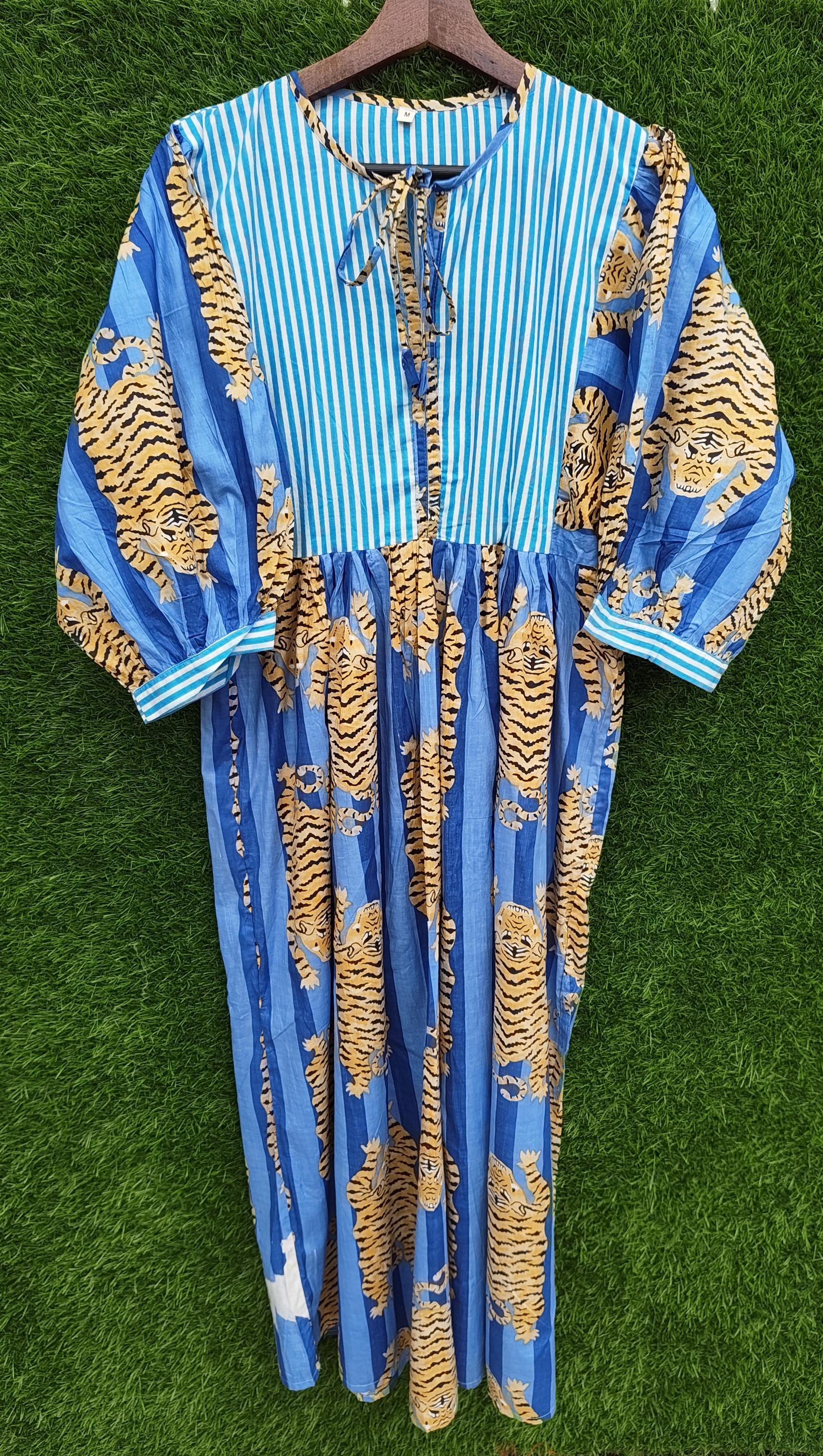 Blue Tiger Print Women's Midi Dress, Animal Print Cotton Dress, Boho Summer Dress, Handmade Casual Dress, Relaxed Fit Women's Outfit