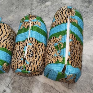 Tiger Print Quilted Makeup Bag,Handmade Toiletry Bag, Cotton 3 Pcs Set Bag, Gifts For Her