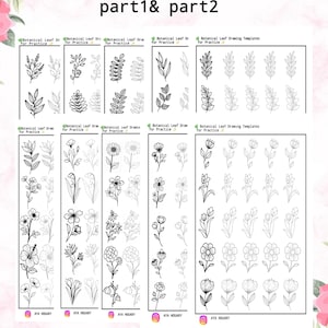 May include: A PDF guide titled "50 Style of flowers" with botanical leaf and flower drawing templates. The black and white illustrations include various leaf and flower designs, with the text "How to Doodle Flowers" at the bottom.