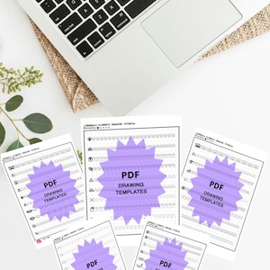 Puede incluir: Cinco páginas PDF imprimibles con plantillas de dibujo de mandalas. Cada página tiene una forma de estrella de color púrpura con el texto "Plantillas de dibujo PDF" en su interior. Las páginas están impresas en papel blanco y están sobre una superficie blanca.