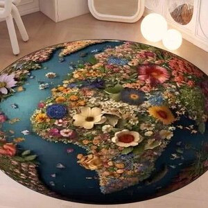 Wereldtapijt met bloemen, ronde vloerkleedmat, vloerkleed wereldkaart, stijlvol vloerkleed, leuk vloerkleed, rond vloerkleed, vloerkleed wereldbol, uniek decor, gepersonaliseerd