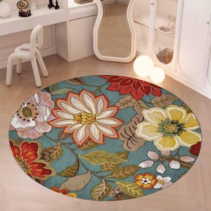 Modern Floral Rug, Boho Floral Rug, Botanical Rug, Wildflower Rug, Flower Rug, Flower Pattern Rug, Area Round Rug, Circle Rug, Round Mat Rug