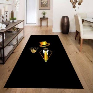 Alfombra de pasillo negra y dorada, alfombra de hombre esqueleto, diseño elegante y aterrador, alfombra con estampado de naipes, decoración lujosa e impresionante, alfombra de calavera