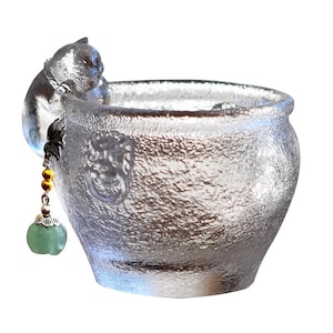 Handmade Cat Glass Tea Cup — Textured Liuli Gongfu Single Cup, Cute Gift for Cat Lovers, Unique Teacup