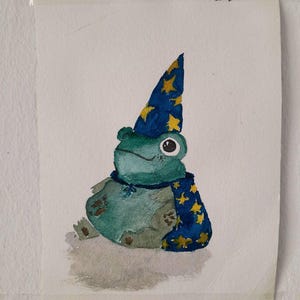 Postal original de acuarela Rana Maga Lindo Sapo Mágico Arte Ilustración Fantasía Original Rana de Dibujos Animados Obra de Arte Decoración de Brujas de Harry Potter