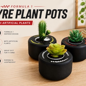May include: Three black circular plant pots designed to resemble Formula 1 racing tires, each containing a small artificial plant. The pots feature white, yellow, and red graphic accents on the top rims. Text reads Formula 1 Tyre Plant Pots.