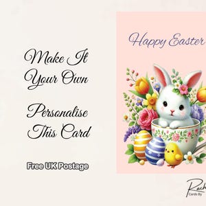 Tarjeta de Felices Pascuas, conejito en taza de té. Envío gratuito incluido.