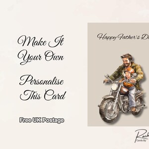 Tarjeta del Día del Padre, escena de papá en motocicleta coloreada en agua. Envío gratuito incluido.