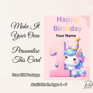 Carte d'anniversaire licorne pour les jeunes enfants âgés de 1 à 7 ans, frais de port gratuits inclus