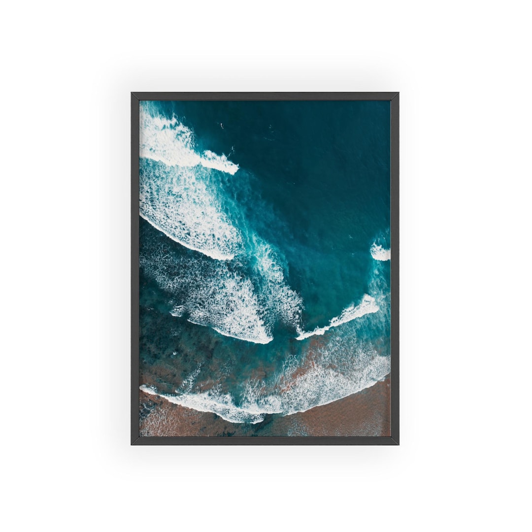 Poster, Ocean Waves Aerial View With Wooden Frame, Coastal Wall