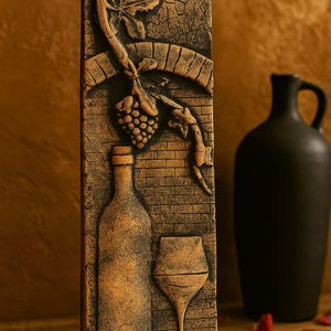 Handmade Wall Decor – Rustic Wine Bottle and Glass Plaque – Vineyard Grapes Bas-Relief – Kitchen, Bar, Cellar Rustic Home Decoration