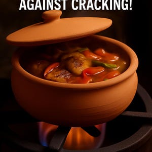 May include: A terracotta cooking pot with a lid slightly ajar, revealing a stew with vegetables. The pot sits on a gas stove with a blue flame. Text above reads: 3-YEAR WARRANTY AGAINST CRACKING!