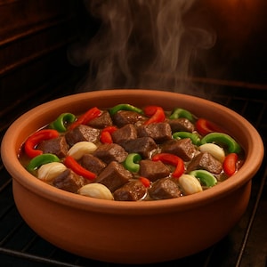 May include: A steaming, rustic stew in a terracotta bowl. The stew features chunks of meat, red and green bell peppers, and garlic cloves. Steam rises from the dish, suggesting it is freshly cooked. The bowl sits on a dark surface.