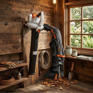 May include: A black and white leaf blower with orange accents is mounted on a wooden wall. A black collection bag with orange straps is attached. Other items include a coil of hose, gloves, safety glasses, and a small oil can. The scene is set in a rustic shed.