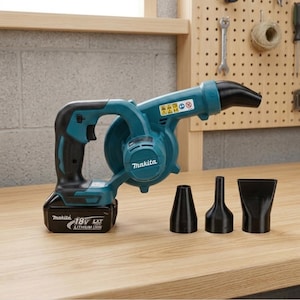 Puede incluir: Un soplador inalámbrico Makita 18V LXT de color verde azulado y negro con batería. La herramienta cuenta con un mango de gatillo, una carcasa de motor con el logotipo de Makita y una boquilla negra. Se incluyen tres boquillas adicionales.
