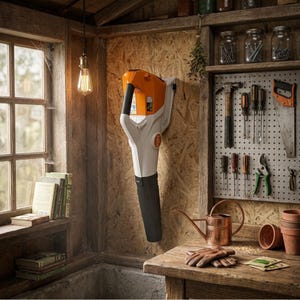 Puede incluir: Un soplador de hojas manual de color blanco y naranja con boquilla negra, montado verticalmente en una pared de madera. El dispositivo cuenta con un mango prominente, un gatillo de encendido y el logotipo de Stihl en la carcasa de plástico.