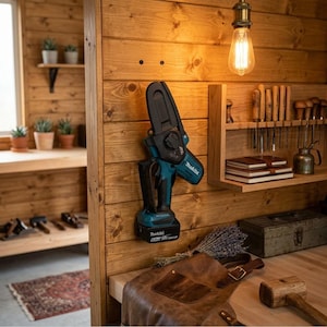 Puede incluir: Una motosierra inalámbrica Makita de color verde azulado y negro con batería, montada en una pared de madera. La herramienta cuenta con una cubierta negra para la barra guía y un mango. La marca Makita está impresa en blanco en el cuerpo.