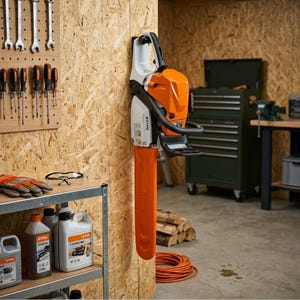 Könnte beinhalten: Eine orangefarbene und weiße Kettensäge ist an einer Holzwand befestigt. Die Kettensäge hat einen schwarzen Griff und einen langen, orangefarbenen Klingenschutz. Der Markenname "STIHL" ist auf der Kettensäge sichtbar. Weitere Werkzeuge und Zubehör sind im Hintergrund zu sehen.