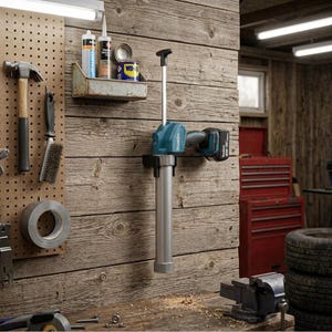 May include: A cordless Makita caulk gun with a teal motor housing and a silver metal barrel, mounted horizontally on a wooden wall. The tool features a black battery pack, a vertical plunger rod with a T-handle, and a black mounting bracket.