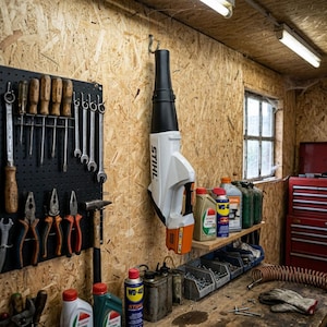 May include: A white, black, and orange Stihl handheld leaf blower hangs vertically on a wall hook. The tool features a long black nozzle, a white motor housing with the Stihl logo, and an orange battery compartment at the base of the handle.