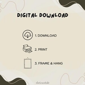 K&ouml;nnte beinhalten: Anleitung zum digitalen Download auf beigem Hintergrund. Die Schritte sind: herunterladen, drucken und einrahmen & aufh&auml;ngen. Der Text ist schwarz, mit braunen Zierformen. TheGraceEdit steht unten.