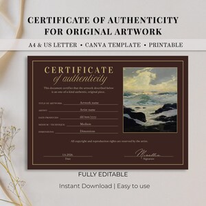 Editable Fine Art Certificate of Authenticity Template Minimalist Artist COA Document Professional Gallery Printable Statement Creation Card