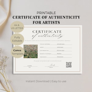 Certificato di autenticità modificabile per opere d'arte originali, modello Canva stampabile, COA artistico, download digitale, inserto per la confezione.