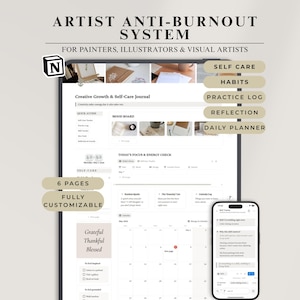 以下が含まれることがあります： 画家、イラストレーター、ビジュアルアーティスト向けの「Artist Anti-Burnout System」と題されたデジタルプランナーインターフェース。クリエイティブな成長とセルフケアのためのジャーナル機能があり、習慣、練習記録、振り返り、日々の計画を管理するセクションが含まれています。
