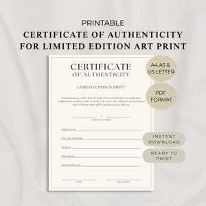 Pode incluir: Um certificado de autenticidade imprimível para uma impressão de arte de edição limitada. O documento apresenta texto preto sobre um fundo creme com campos para nome do artista, título, meio, dimensões, ano, data e assinatura. Inclui tamanhos A4, A5 e carta.