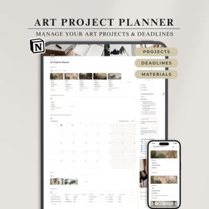 Könnte beinhalten: Ein digitaler Kunstprojektplaner auf einem Tablet- und Smartphone-Bildschirm. Die Benutzeroberfläche enthält Bereiche für Projekte, Fristen und Materialien, einschließlich einer Kalenderansicht, Aufgabenlisten und Projekt-Miniaturansichten.