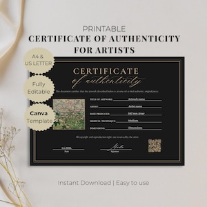 May include: A black certificate of authenticity template with gold borders and text. It includes fields for artwork title, artist, date, medium, and dimensions, plus a QR code, a signature line, and a small square image placeholder for artwork.