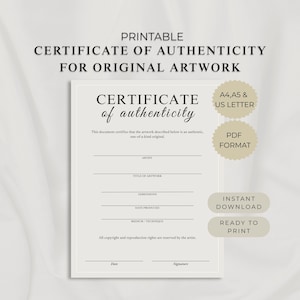 Pode incluir: Um certificado de autenticidade imprimível para obras de arte originais com texto preto sobre um fundo cinza claro. O documento inclui campos para artista, título, dimensões, data e assinatura, com etiquetas para A4, A5, US Letter e formato PDF.