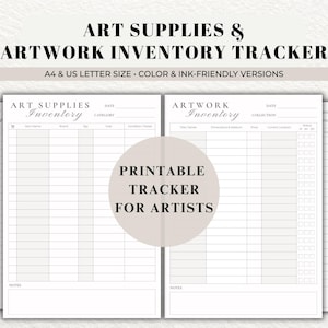 Könnte beinhalten: Ein druckbarer Inventar-Tracker für Kunstbedarf und Kunstwerke mit weißen Seiten und schwarzem Text. Die Formulare enthalten Spalten für Artikelname, Marke, Menge, Preis und Standort. Der Text lautet ART SUPPLIES & ARTWORK INVENTORY TRACKER, A4 & US LETTER SIZE und PRINTABLE TRACKER FOR ARTISTS.