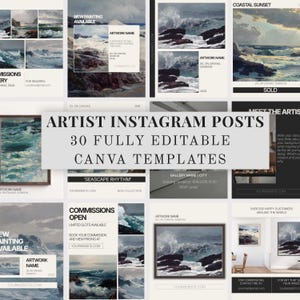 May include: A collection of thirty editable digital templates for artist Instagram posts featuring seascape paintings with crashing waves and rocky shores. The layouts include text placeholders for artwork names, gallery details, and contact information.