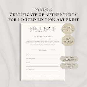 Può includere: Un certificato di autenticità stampabile per una stampa d'arte in edizione limitata. Il documento presenta testo nero su sfondo crema con campi per nome dell'artista, titolo, mezzo, dimensioni, anno, data e firma. Include formati A4, A5 e US letter.