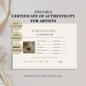 Op de afbeelding: Een printbaar certificaat van echtheid sjabloon voor kunstenaars, bestaande uit een crèmekleurig document met zwarte tekst, inclusief velden voor titel, kunstenaar, datum, medium en afmetingen, met een kleine miniatuur van een bloemenschilderij.
