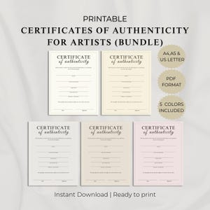 Pode incluir: Um pacote de certificados de autenticidade imprimíveis para artistas em cinco cores. O texto diz: PRINTABLE CERTIFICATES OF AUTHENTICITY FOR ARTISTS (BUNDLE), A4, A5 & US LETTER, PDF FORMAT, 5 COLORS INCLUDED, Instant Download | Ready to print.