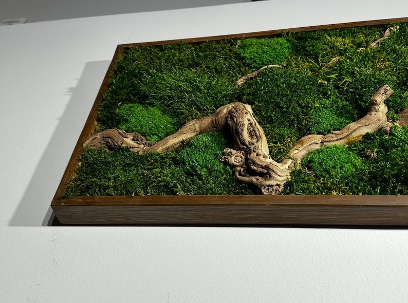 May include: A rectangular wall art piece featuring a vibrant green moss arrangement with a natural, weathered wood branch. The moss is lush and textured, set within a dark brown wooden frame, creating a natural, earthy aesthetic.