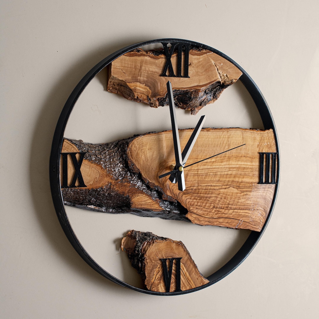 Handmade Olive Wood Clock With Metal Frame, Live Edge Wall Clock ...