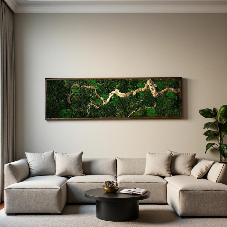 Horizontal Bonsai Moss Wall Art, Dark Framed Preserved Moss, Rustic Decor, Christmas Gifts, Eco-Friendly Wall Decor, Living Moss Wall Art