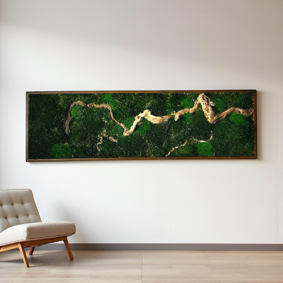 Picture of Horizontal Bonsai Moss Wall Art, Dark Framed Preserved Moss, Rustic ...