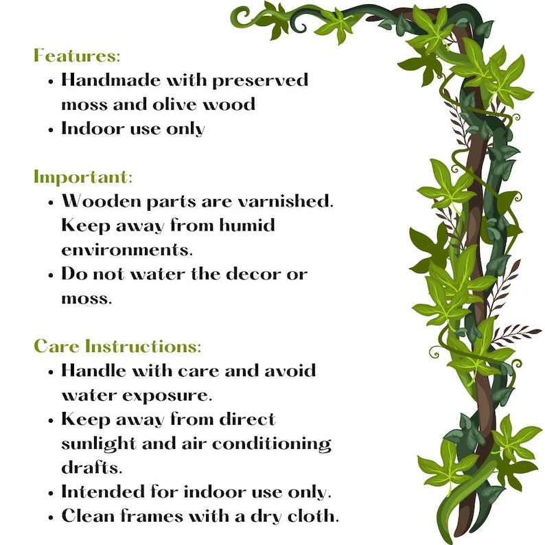 May include: A decorative corner piece featuring preserved moss and olive wood, with green leaves and vines. The text on the left provides features, important notes, and care instructions, including indoor use only and to avoid water exposure.