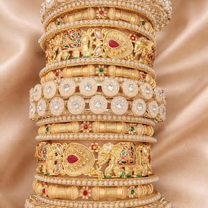 Set di bracciali da sposa Rajwadi color oro, gioielli da matrimonio indiani, bracciale Kundan Polki, bracciale tradizionale in oro, set da sposa con pietre rosse e verdi - 2.8
