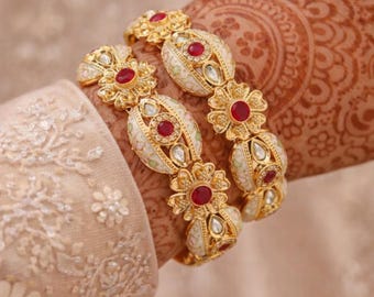 Conjunto de brazaletes Kundan de oro vintage, pulsera nupcial de esmalte rubí, joyería tradicional india, regalo de boda para mujer, brazaletes llamativos